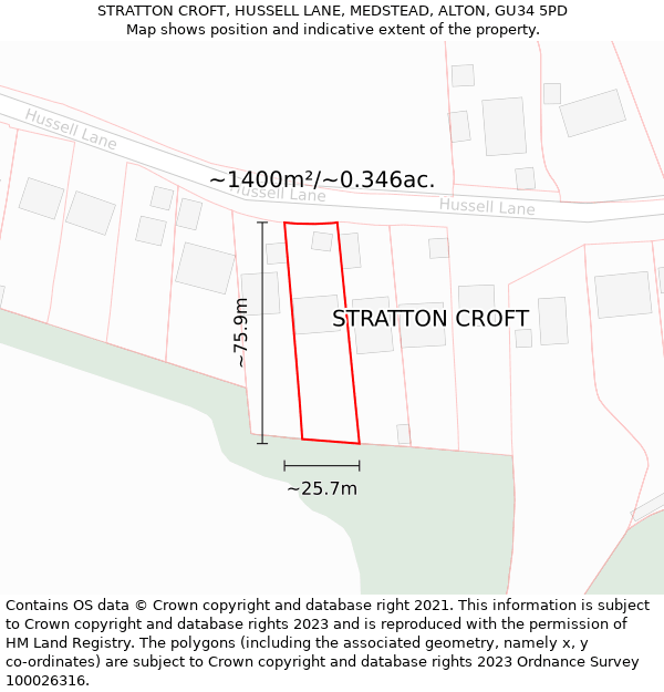 STRATTON CROFT, HUSSELL LANE, MEDSTEAD, ALTON, GU34 5PD: Plot and title map