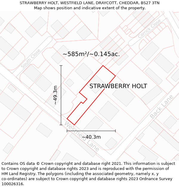 STRAWBERRY HOLT, WESTFIELD LANE, DRAYCOTT, CHEDDAR, BS27 3TN: Plot and title map