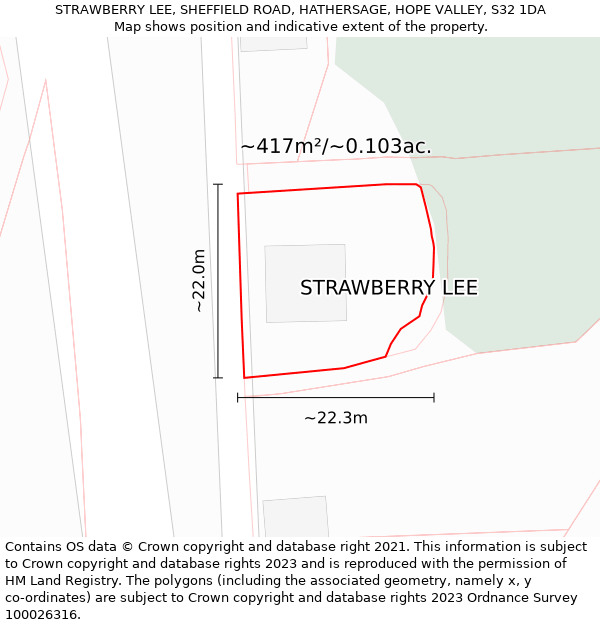 STRAWBERRY LEE, SHEFFIELD ROAD, HATHERSAGE, HOPE VALLEY, S32 1DA: Plot and title map