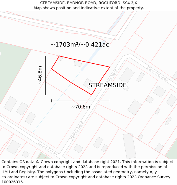 STREAMSIDE, RADNOR ROAD, ROCHFORD, SS4 3JX: Plot and title map