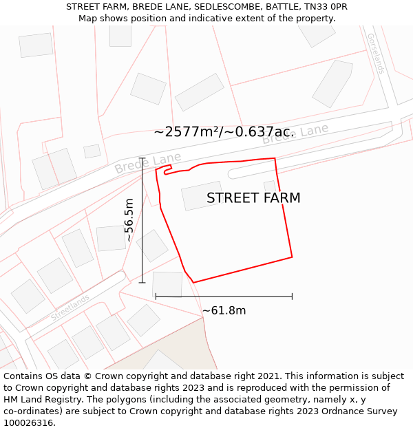 STREET FARM, BREDE LANE, SEDLESCOMBE, BATTLE, TN33 0PR: Plot and title map