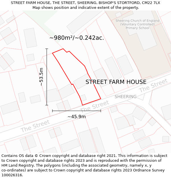 STREET FARM HOUSE, THE STREET, SHEERING, BISHOP'S STORTFORD, CM22 7LX: Plot and title map