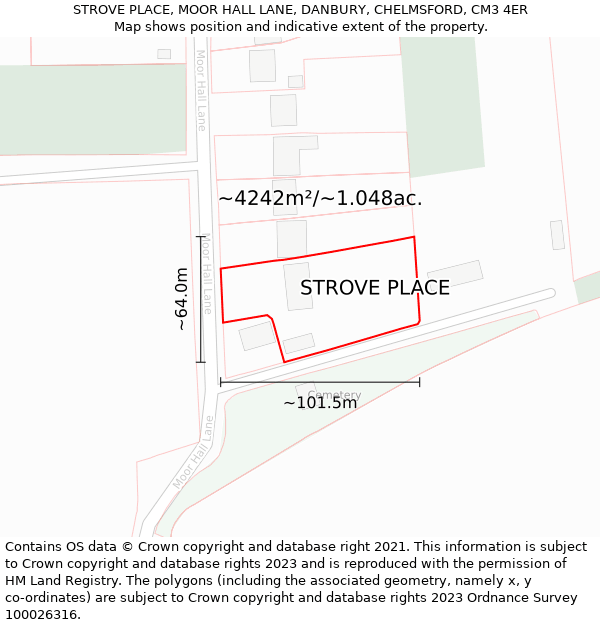 STROVE PLACE, MOOR HALL LANE, DANBURY, CHELMSFORD, CM3 4ER: Plot and title map