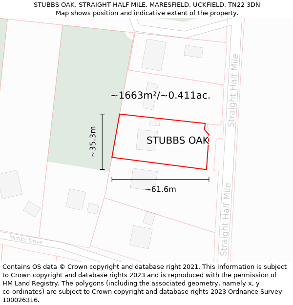 STUBBS OAK, STRAIGHT HALF MILE, MARESFIELD, UCKFIELD, TN22 3DN: Plot and title map