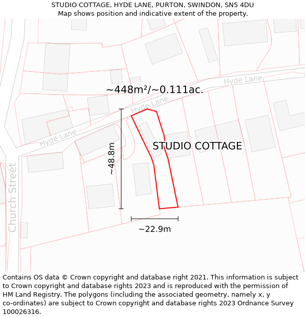 STUDIO COTTAGE, HYDE LANE, PURTON, SWINDON, SN5 4DU: Plot and title map