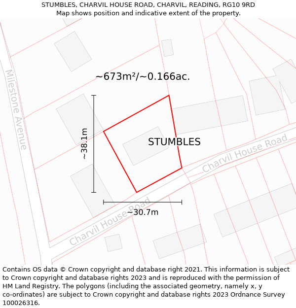 STUMBLES, CHARVIL HOUSE ROAD, CHARVIL, READING, RG10 9RD: Plot and title map