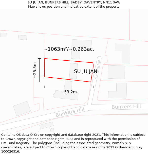 SU JU JAN, BUNKERS HILL, BADBY, DAVENTRY, NN11 3AW: Plot and title map