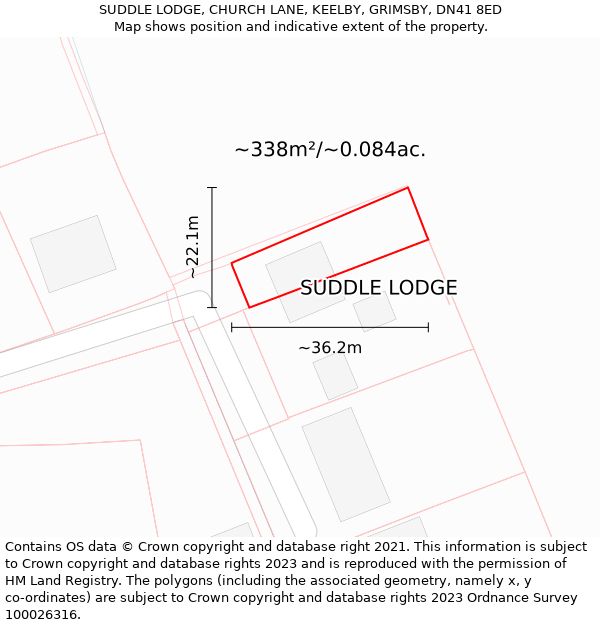 SUDDLE LODGE, CHURCH LANE, KEELBY, GRIMSBY, DN41 8ED: Plot and title map