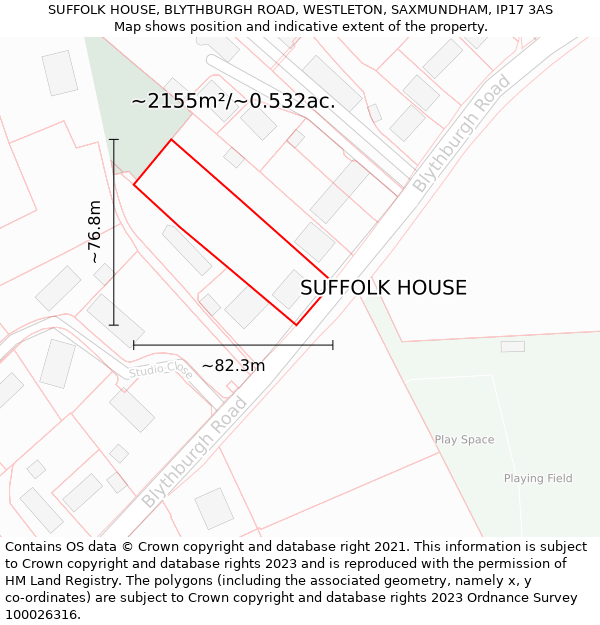 SUFFOLK HOUSE, BLYTHBURGH ROAD, WESTLETON, SAXMUNDHAM, IP17 3AS: Plot and title map