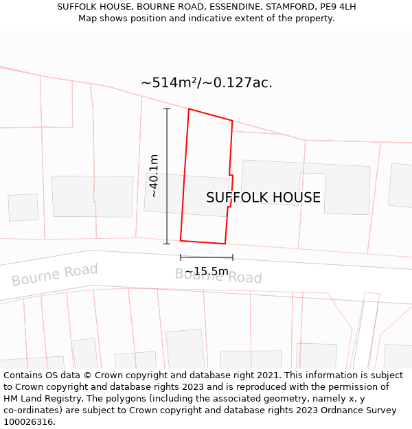 SUFFOLK HOUSE, BOURNE ROAD, ESSENDINE, STAMFORD, PE9 4LH: Plot and title map