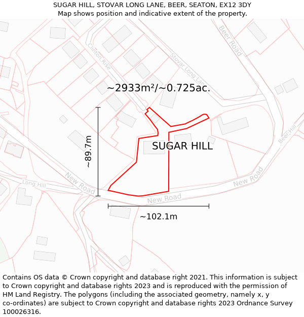 SUGAR HILL, STOVAR LONG LANE, BEER, SEATON, EX12 3DY: Plot and title map