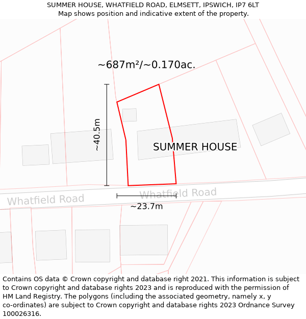 SUMMER HOUSE, WHATFIELD ROAD, ELMSETT, IPSWICH, IP7 6LT: Plot and title map
