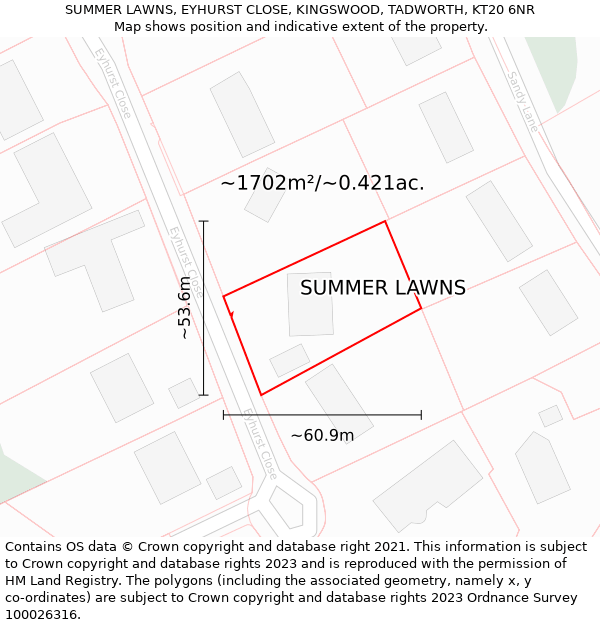 SUMMER LAWNS, EYHURST CLOSE, KINGSWOOD, TADWORTH, KT20 6NR: Plot and title map