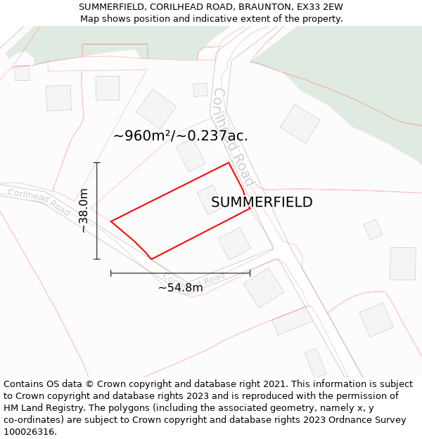 SUMMERFIELD, CORILHEAD ROAD, BRAUNTON, EX33 2EW: Plot and title map