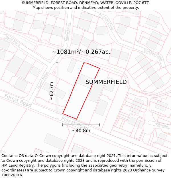 SUMMERFIELD, FOREST ROAD, DENMEAD, WATERLOOVILLE, PO7 6TZ: Plot and title map