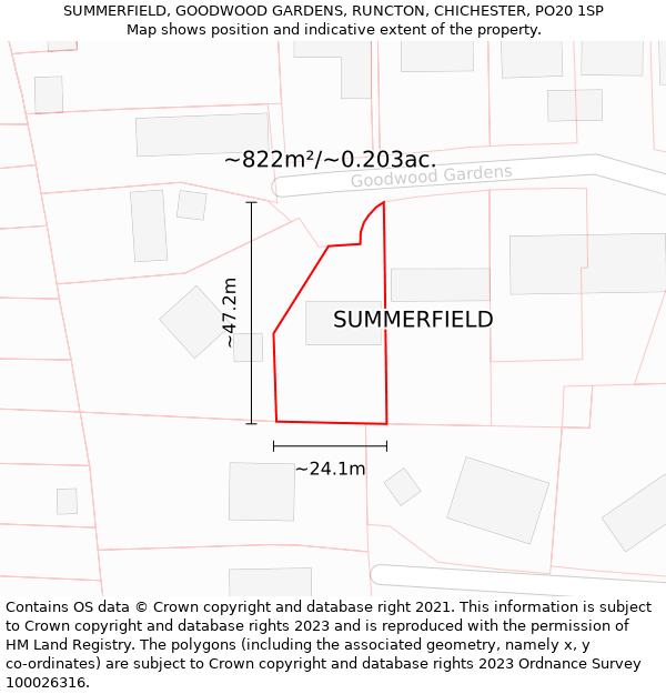 SUMMERFIELD, GOODWOOD GARDENS, RUNCTON, CHICHESTER, PO20 1SP: Plot and title map