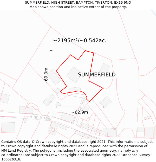SUMMERFIELD, HIGH STREET, BAMPTON, TIVERTON, EX16 9NQ: Plot and title map