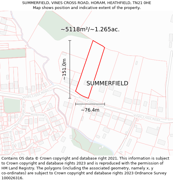 SUMMERFIELD, VINES CROSS ROAD, HORAM, HEATHFIELD, TN21 0HE: Plot and title map