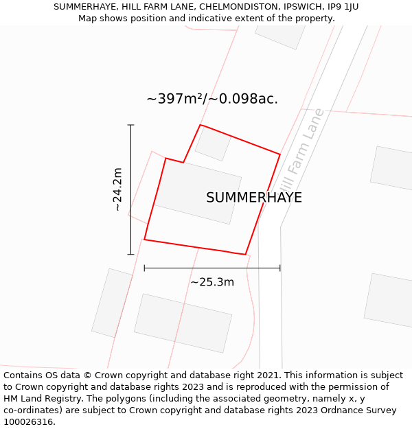 SUMMERHAYE, HILL FARM LANE, CHELMONDISTON, IPSWICH, IP9 1JU: Plot and title map