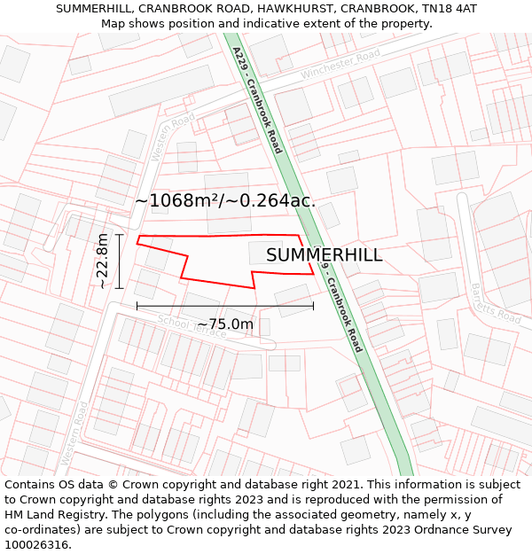 SUMMERHILL, CRANBROOK ROAD, HAWKHURST, CRANBROOK, TN18 4AT: Plot and title map