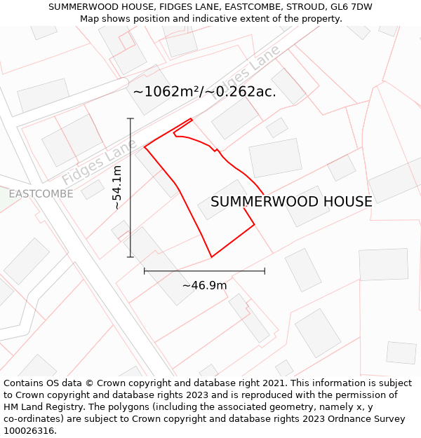 SUMMERWOOD HOUSE, FIDGES LANE, EASTCOMBE, STROUD, GL6 7DW: Plot and title map