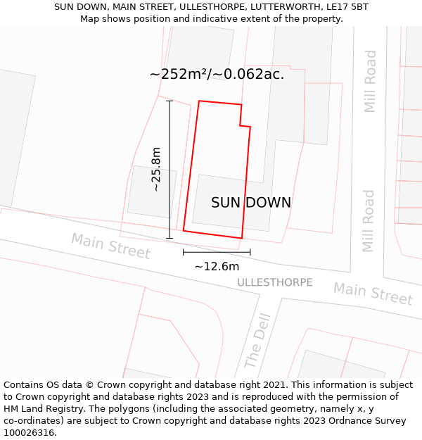 SUN DOWN, MAIN STREET, ULLESTHORPE, LUTTERWORTH, LE17 5BT: Plot and title map