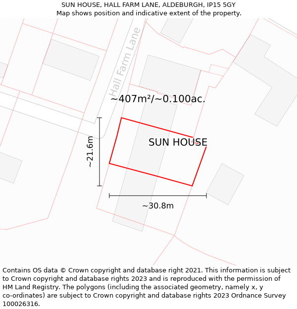 SUN HOUSE, HALL FARM LANE, ALDEBURGH, IP15 5GY: Plot and title map