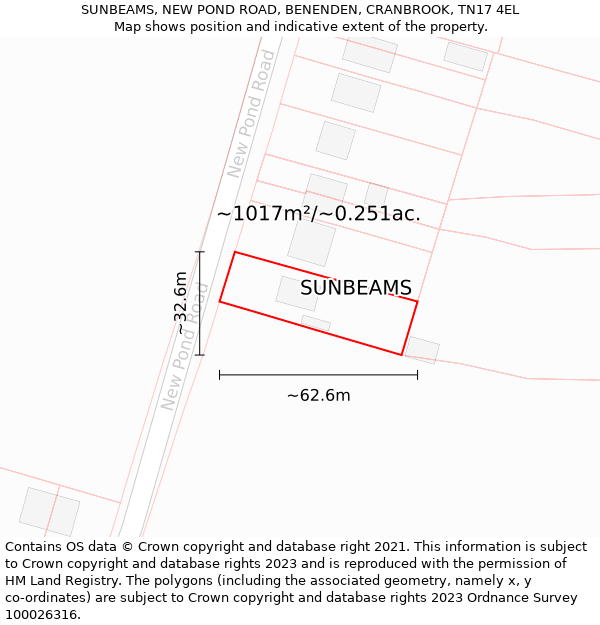 SUNBEAMS, NEW POND ROAD, BENENDEN, CRANBROOK, TN17 4EL: Plot and title map