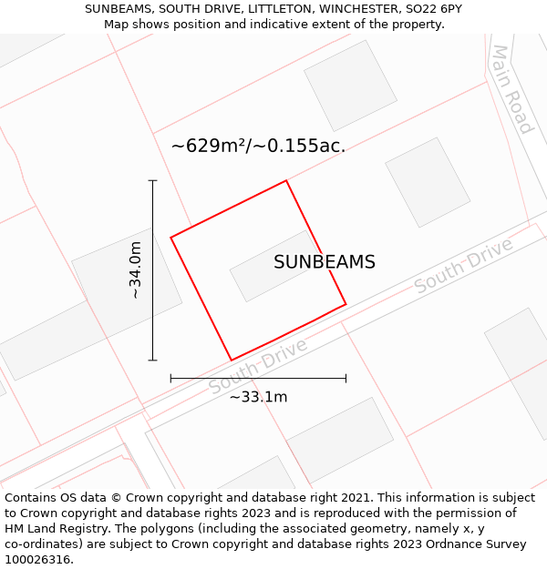 SUNBEAMS, SOUTH DRIVE, LITTLETON, WINCHESTER, SO22 6PY: Plot and title map