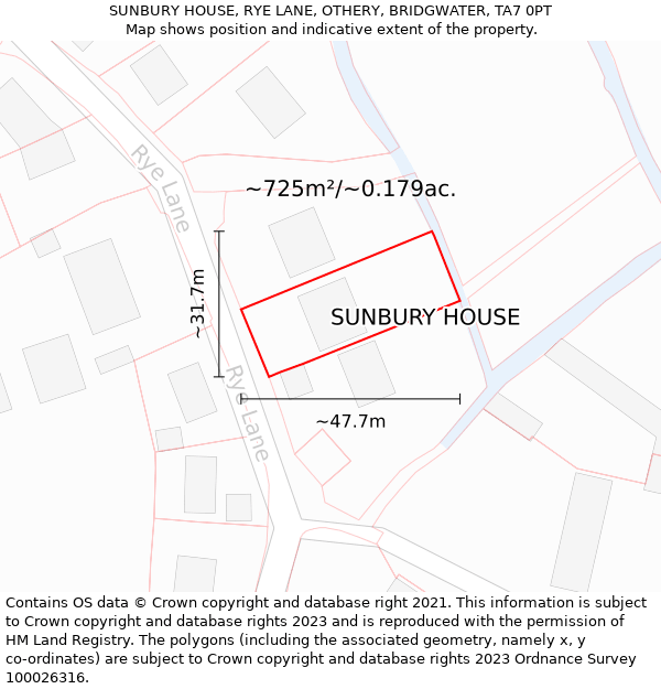 SUNBURY HOUSE, RYE LANE, OTHERY, BRIDGWATER, TA7 0PT: Plot and title map