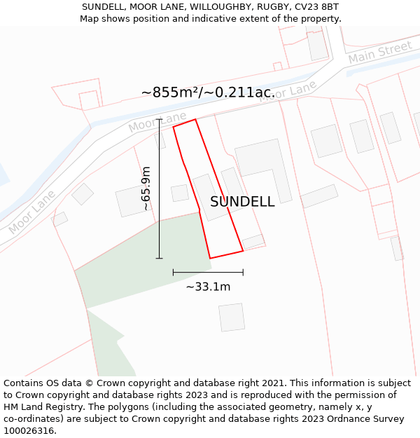 SUNDELL, MOOR LANE, WILLOUGHBY, RUGBY, CV23 8BT: Plot and title map
