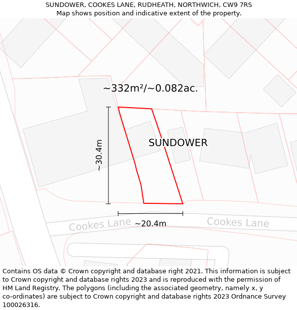 SUNDOWER, COOKES LANE, RUDHEATH, NORTHWICH, CW9 7RS: Plot and title map