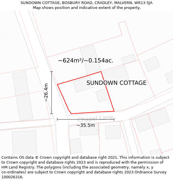 SUNDOWN COTTAGE, BOSBURY ROAD, CRADLEY, MALVERN, WR13 5JA: Plot and title map