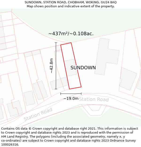 SUNDOWN, STATION ROAD, CHOBHAM, WOKING, GU24 8AQ: Plot and title map