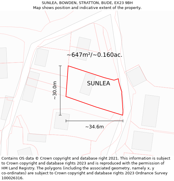 SUNLEA, BOWDEN, STRATTON, BUDE, EX23 9BH: Plot and title map