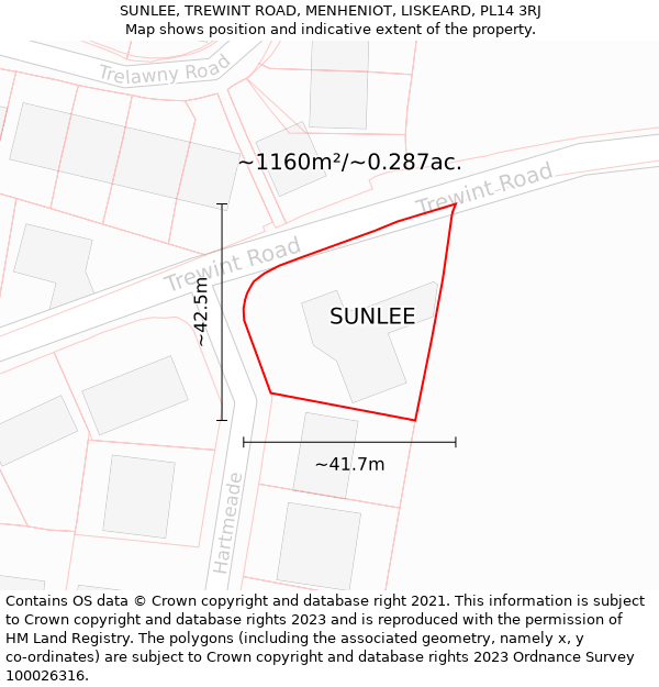SUNLEE, TREWINT ROAD, MENHENIOT, LISKEARD, PL14 3RJ: Plot and title map