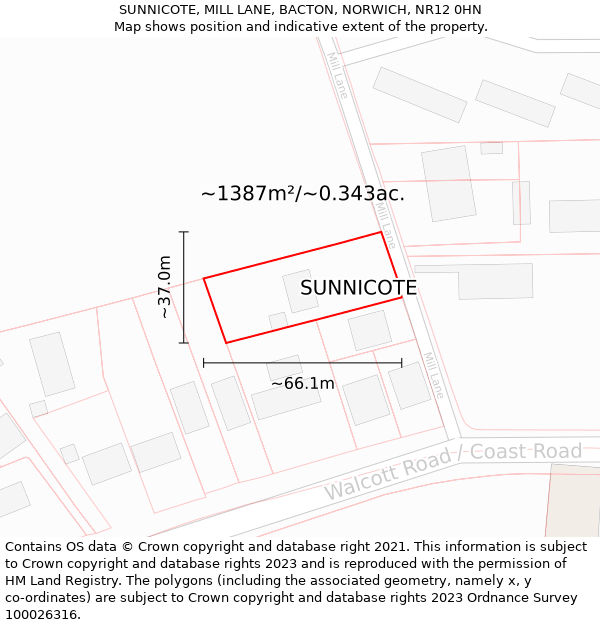 SUNNICOTE, MILL LANE, BACTON, NORWICH, NR12 0HN: Plot and title map