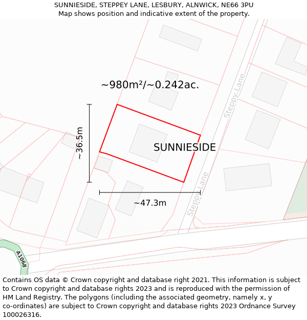 SUNNIESIDE, STEPPEY LANE, LESBURY, ALNWICK, NE66 3PU: Plot and title map