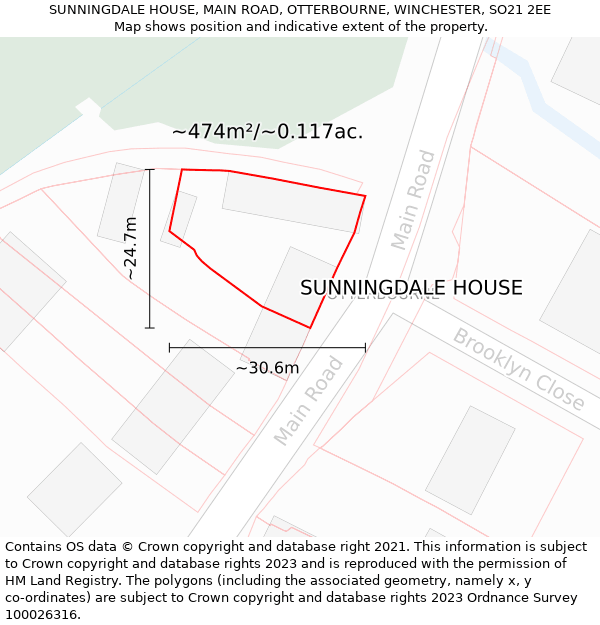 SUNNINGDALE HOUSE, MAIN ROAD, OTTERBOURNE, WINCHESTER, SO21 2EE: Plot and title map