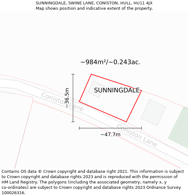 SUNNINGDALE, SWINE LANE, CONISTON, HULL, HU11 4JX: Plot and title map