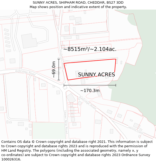 SUNNY ACRES, SHIPHAM ROAD, CHEDDAR, BS27 3DD: Plot and title map