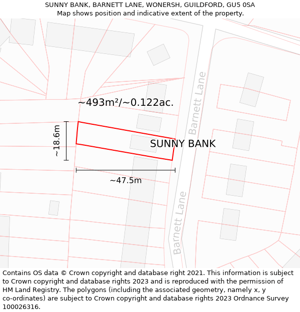 SUNNY BANK, BARNETT LANE, WONERSH, GUILDFORD, GU5 0SA: Plot and title map