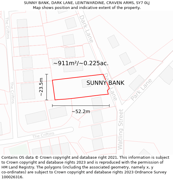 SUNNY BANK, DARK LANE, LEINTWARDINE, CRAVEN ARMS, SY7 0LJ: Plot and title map