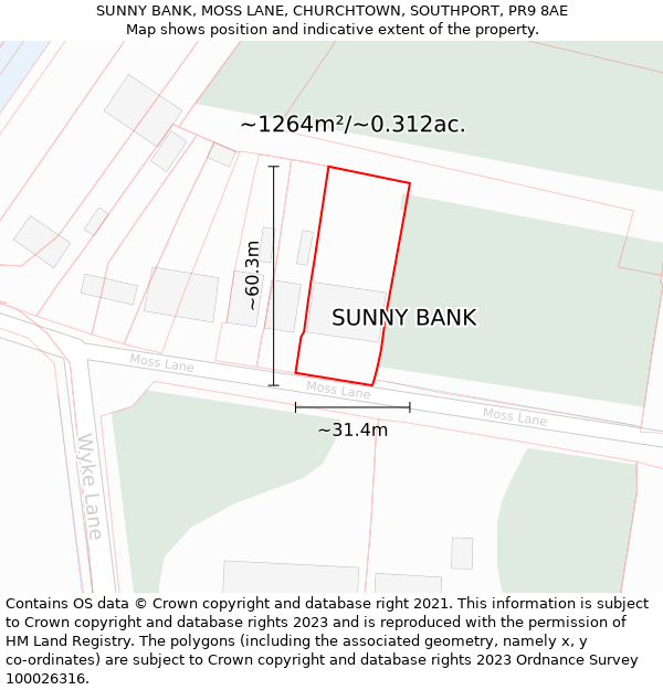 SUNNY BANK, MOSS LANE, CHURCHTOWN, SOUTHPORT, PR9 8AE: Plot and title map