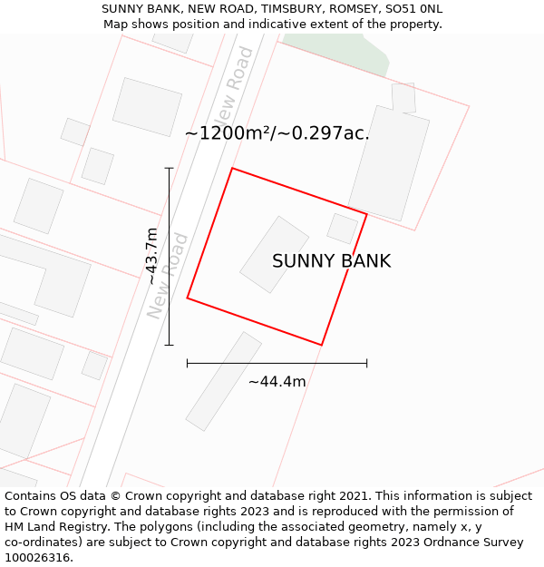 SUNNY BANK, NEW ROAD, TIMSBURY, ROMSEY, SO51 0NL: Plot and title map