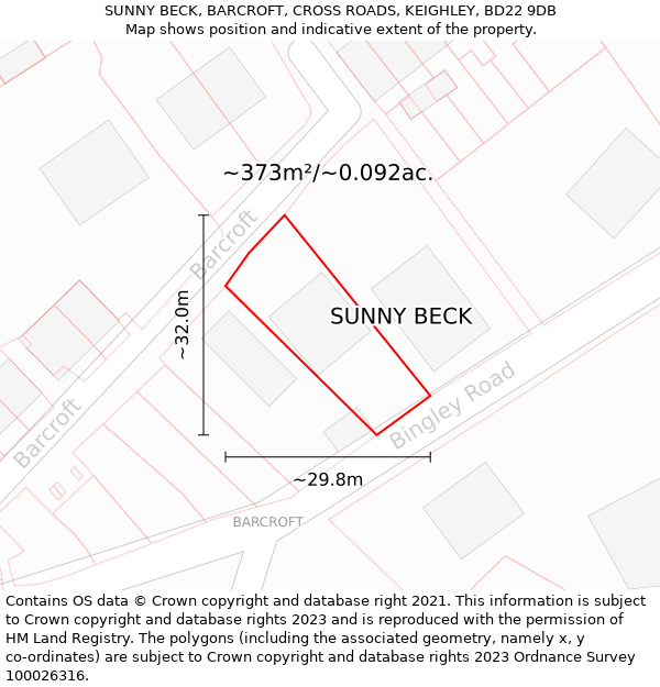 SUNNY BECK, BARCROFT, CROSS ROADS, KEIGHLEY, BD22 9DB: Plot and title map