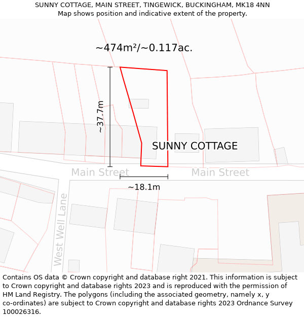 SUNNY COTTAGE, MAIN STREET, TINGEWICK, BUCKINGHAM, MK18 4NN: Plot and title map