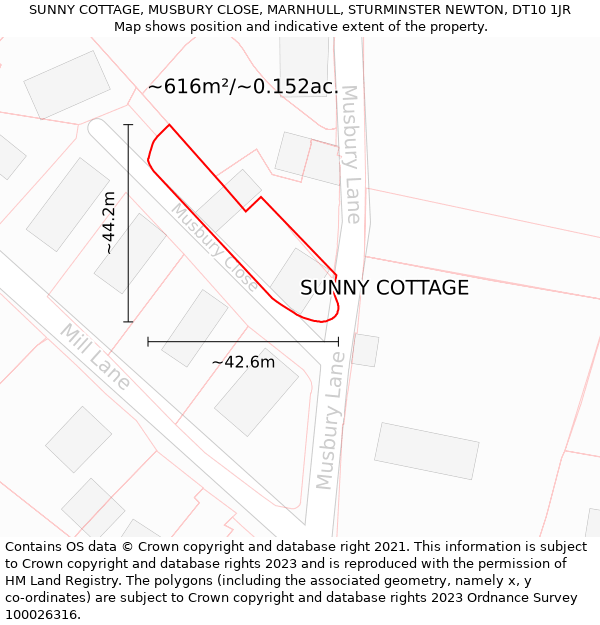 SUNNY COTTAGE, MUSBURY CLOSE, MARNHULL, STURMINSTER NEWTON, DT10 1JR: Plot and title map