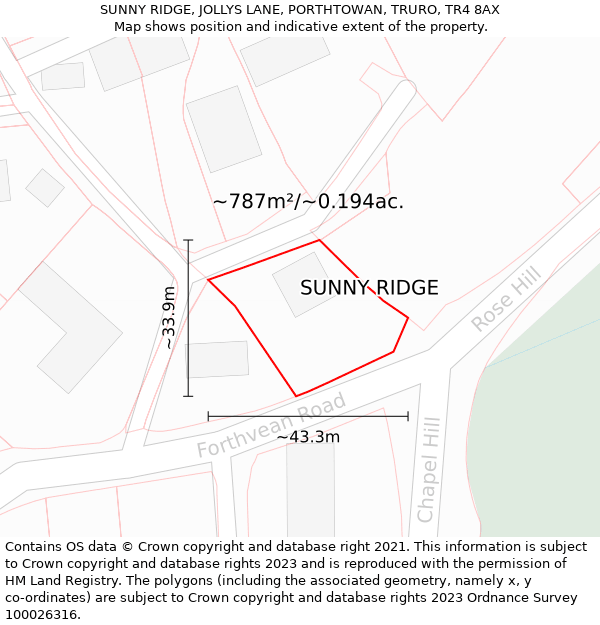 SUNNY RIDGE, JOLLYS LANE, PORTHTOWAN, TRURO, TR4 8AX: Plot and title map