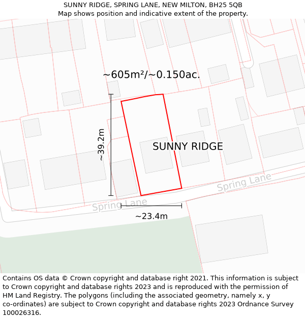 SUNNY RIDGE, SPRING LANE, NEW MILTON, BH25 5QB: Plot and title map